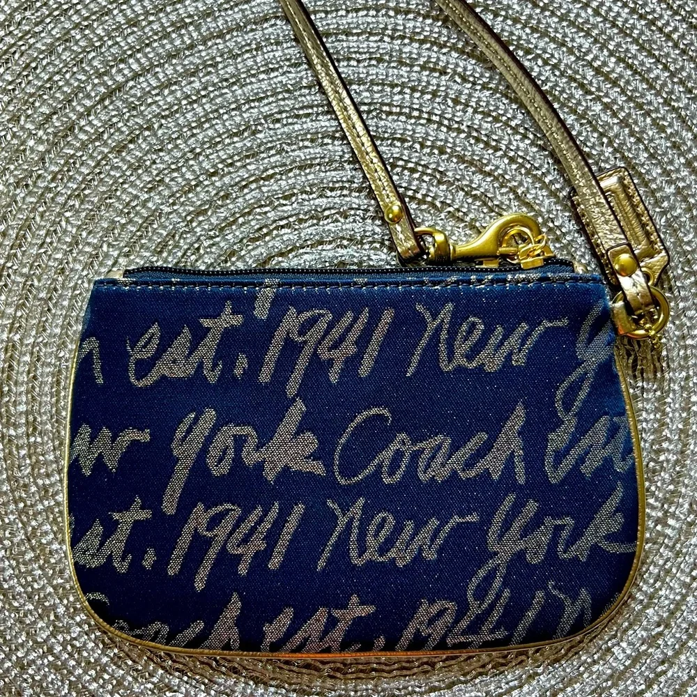 Coach Navy and Gold Heart Wristlet